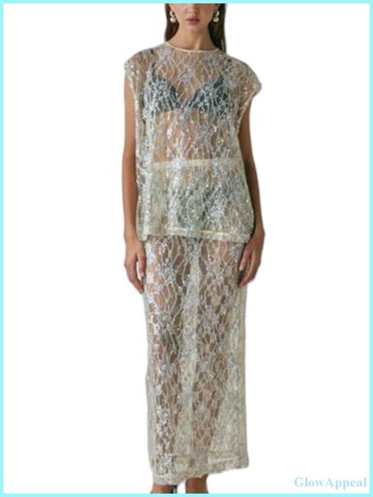 Sheer Sequin Top & Long Skirt Set Two Piece Outfit Club Wear